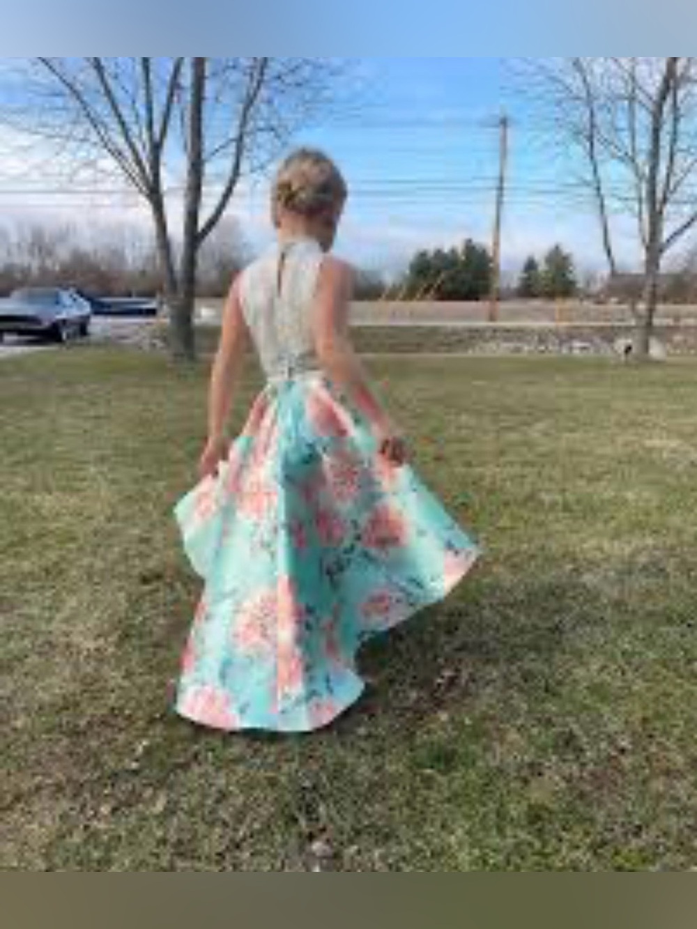 #0077- Xtraordinary Dress 
Aqua Satin Dress with Pink Rose Print and Lace Bodice